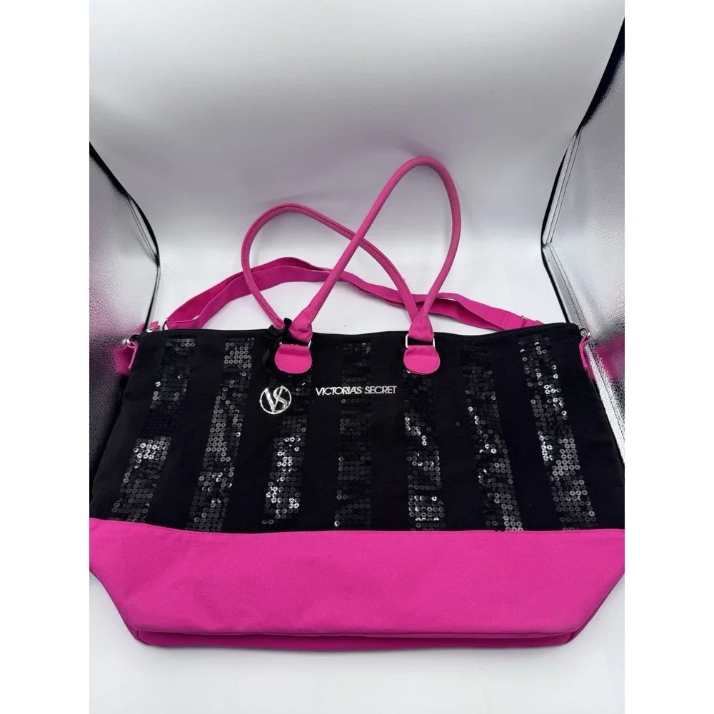 Victoria's Secret Sequin Stripe Hot Pink/ Black Weekender Large Duffel Bag